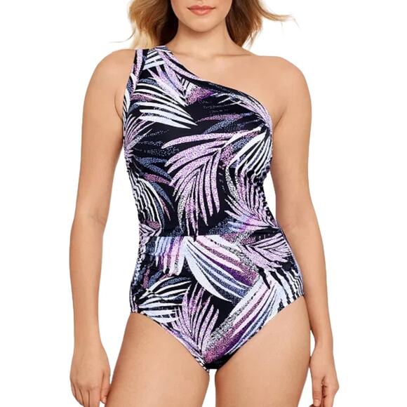 SWIM SOLUTIONS One Shoulder Tummy Control Bust Support One Piece Swimsuit - Picture 1 of 9